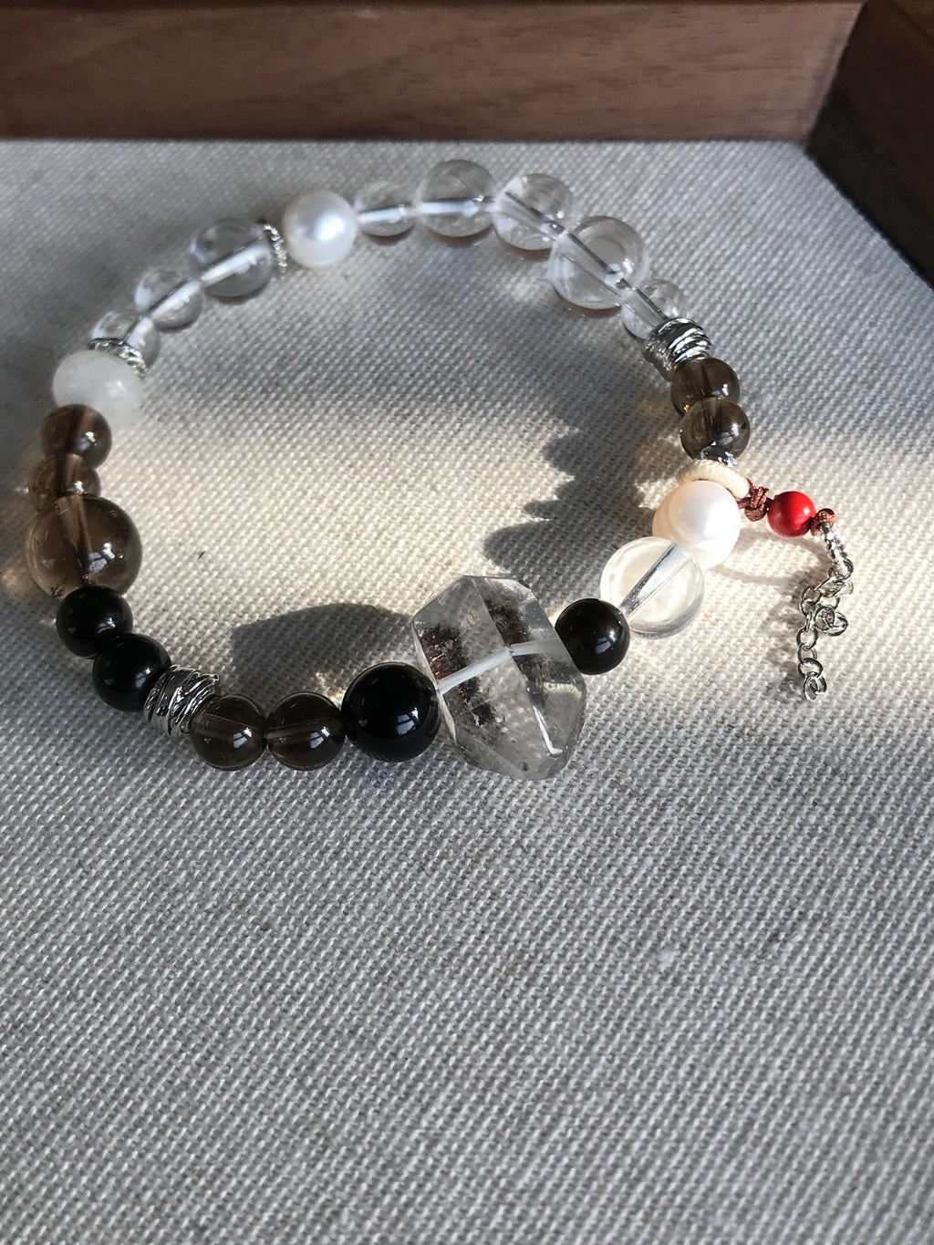 Clear White Crystal &amp; Smoky Quartz Wooden Charm Bracelet