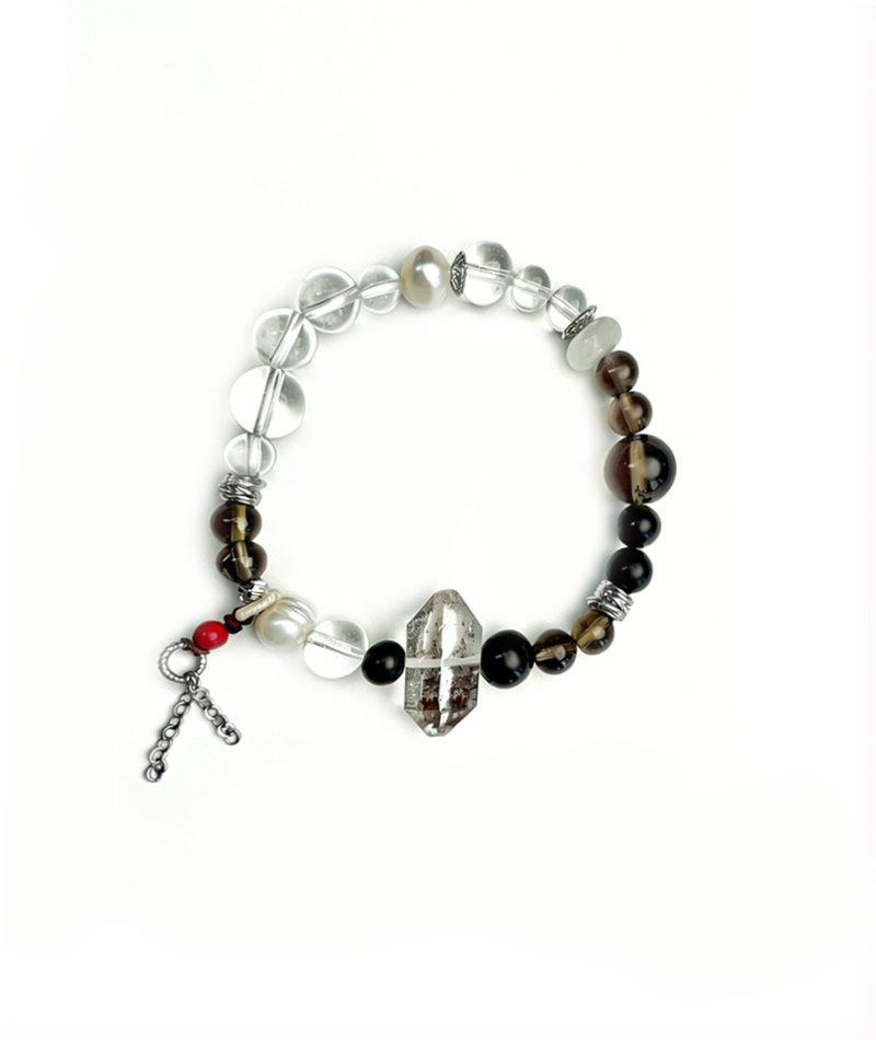 Clear White Crystal &amp; Smoky Quartz Wooden Charm Bracelet