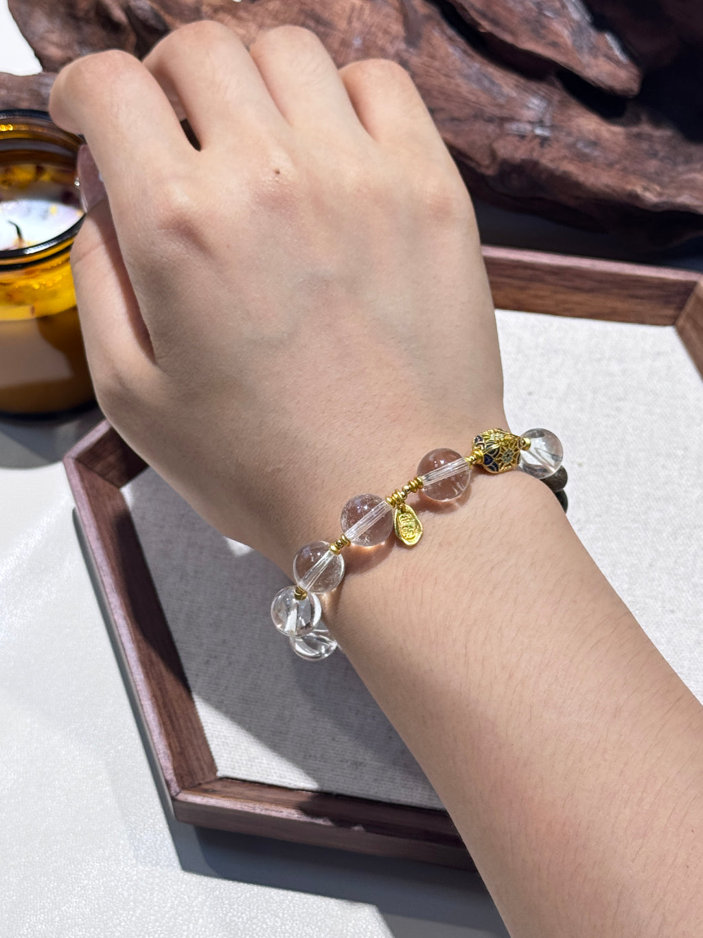 Luminous Clear White Crystal &amp; Enamel Wood Charm Bracelet