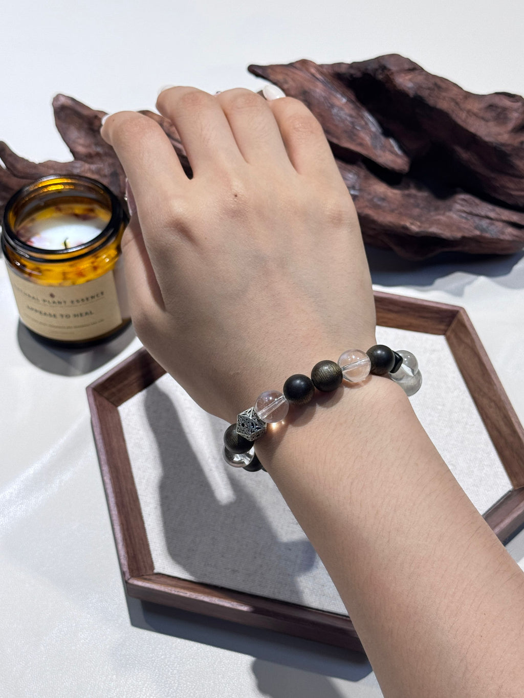 Wood & Clear Quartz Geometric Bracelet