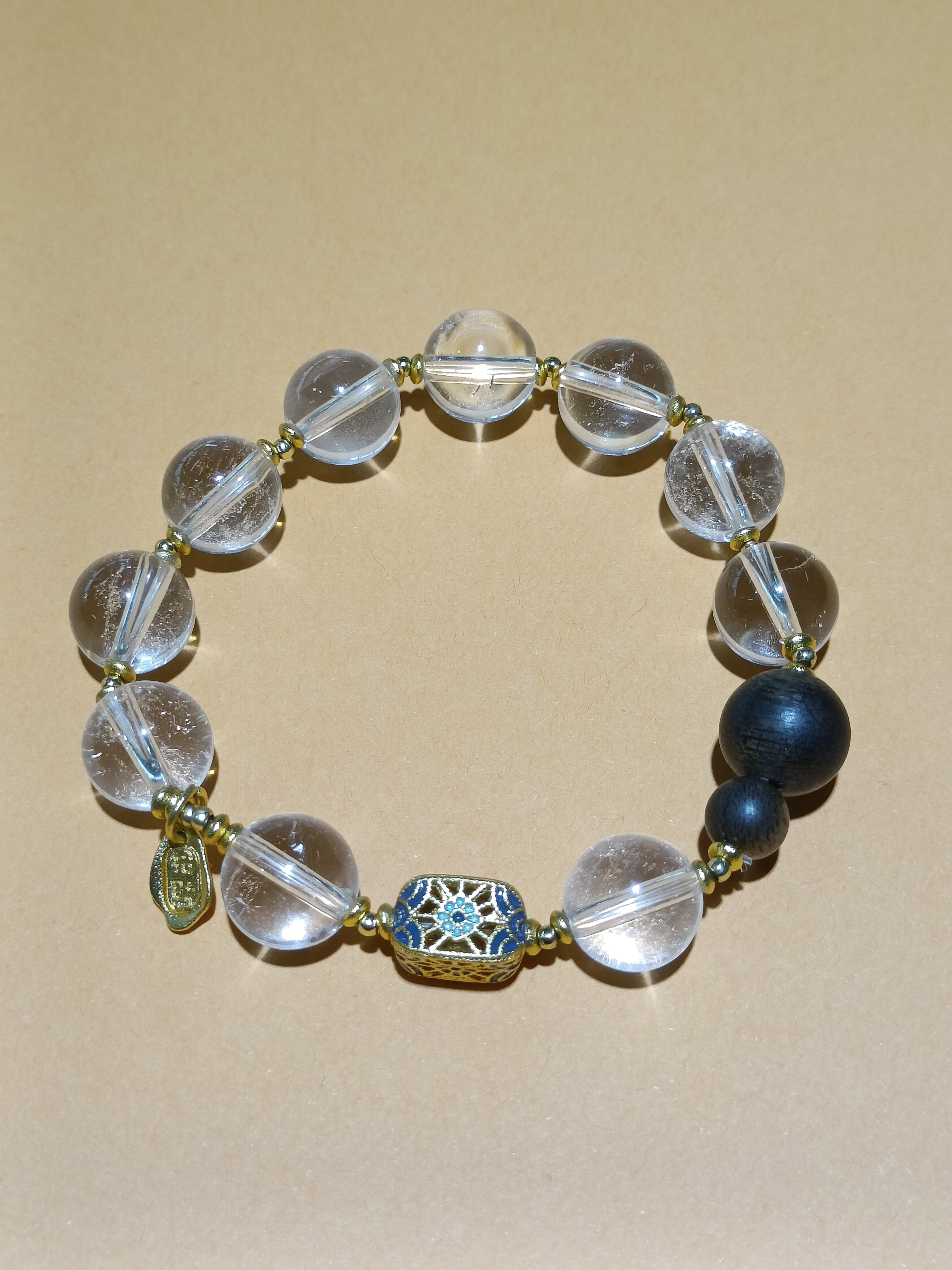 Luminous Clear White Crystal &amp; Enamel Wood Charm Bracelet