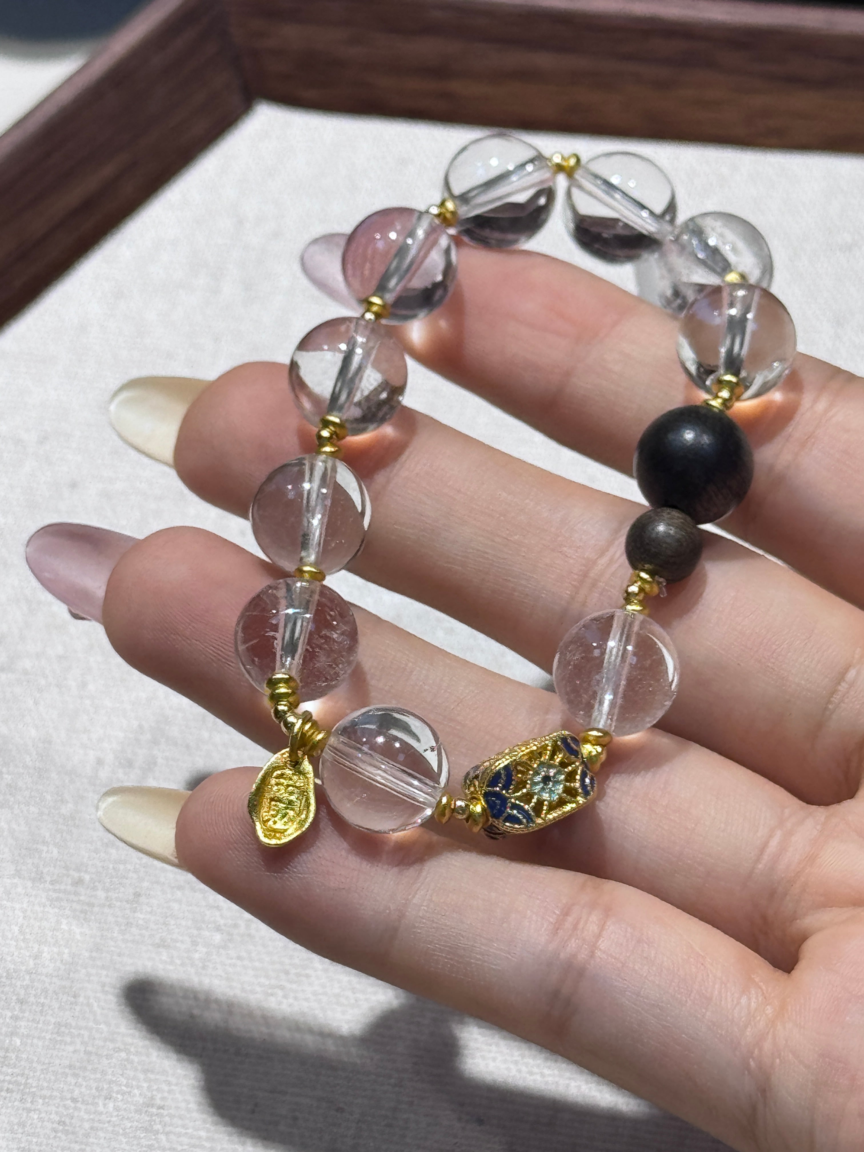 Luminous Clear White Crystal &amp; Enamel Wood Charm Bracelet