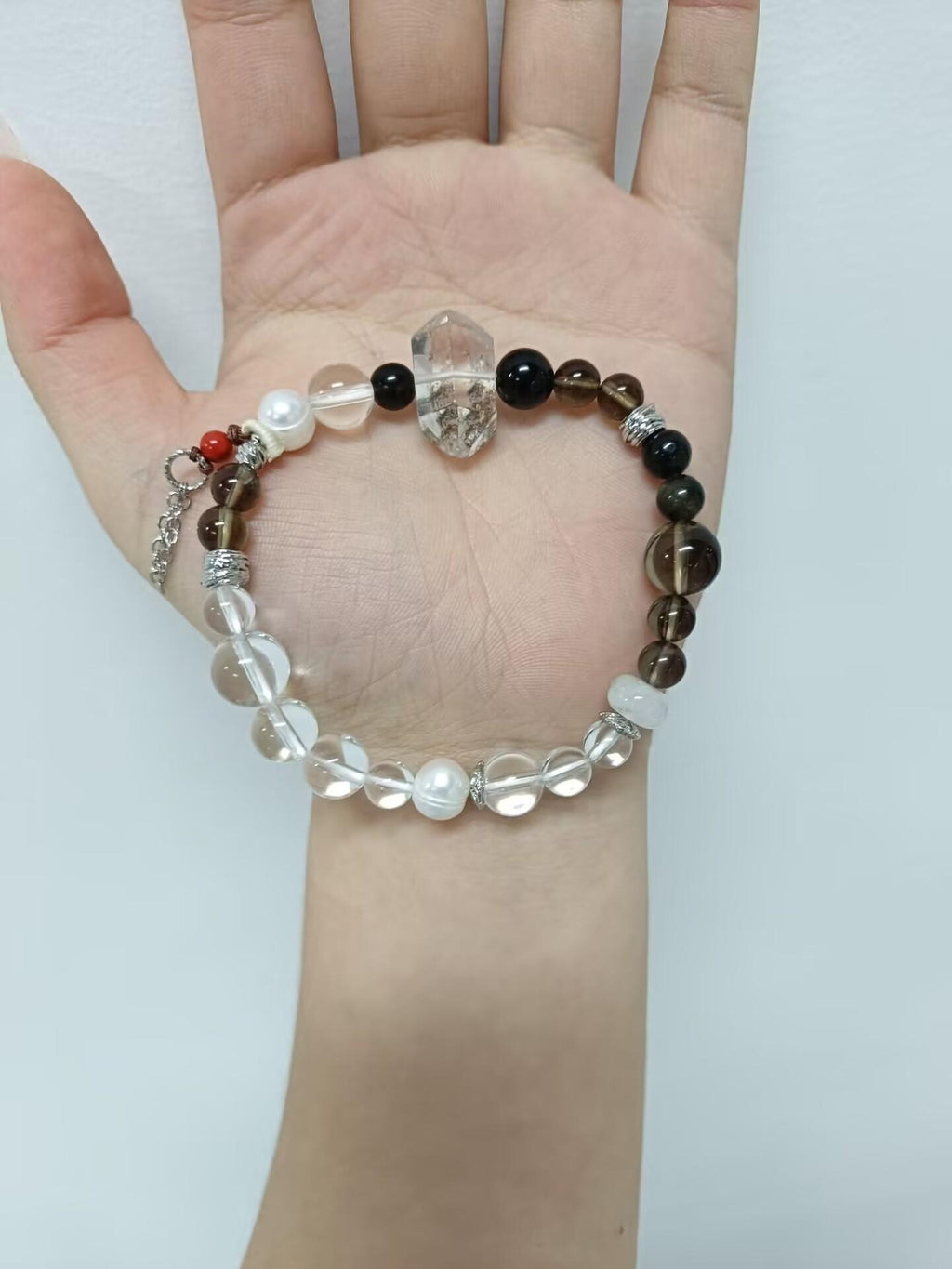 Clear White Crystal &amp; Smoky Quartz Wooden Charm Bracelet