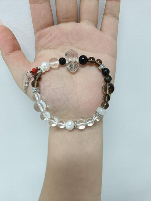 Clear White Crystal &amp; Smoky Quartz Wooden Charm Bracelet